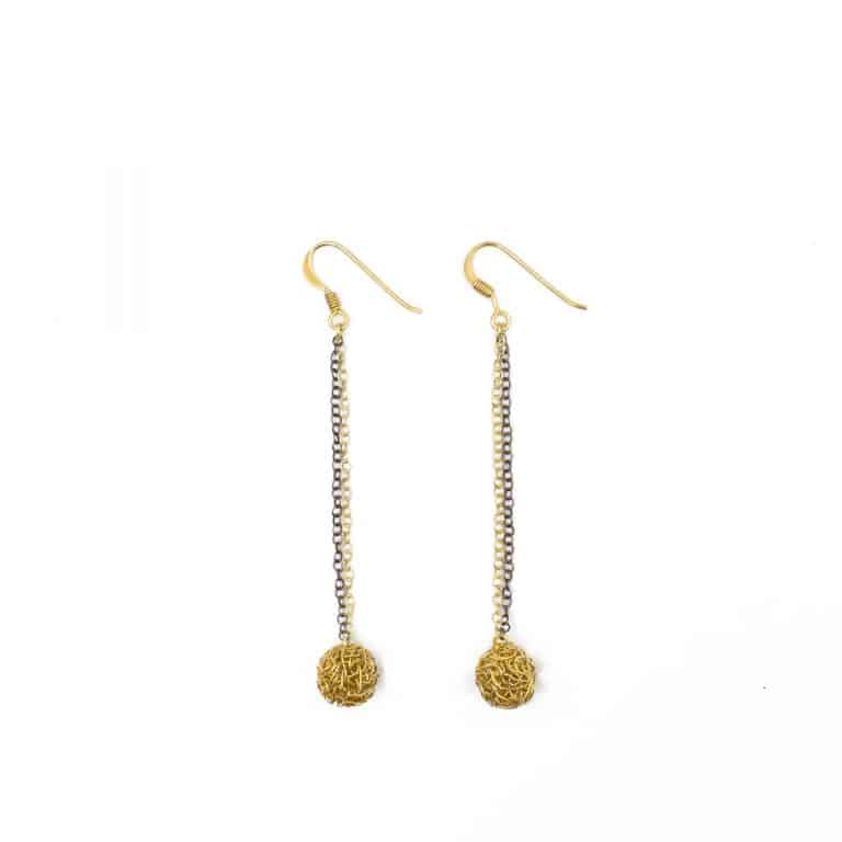 long gold earrings with a small handmade sphere